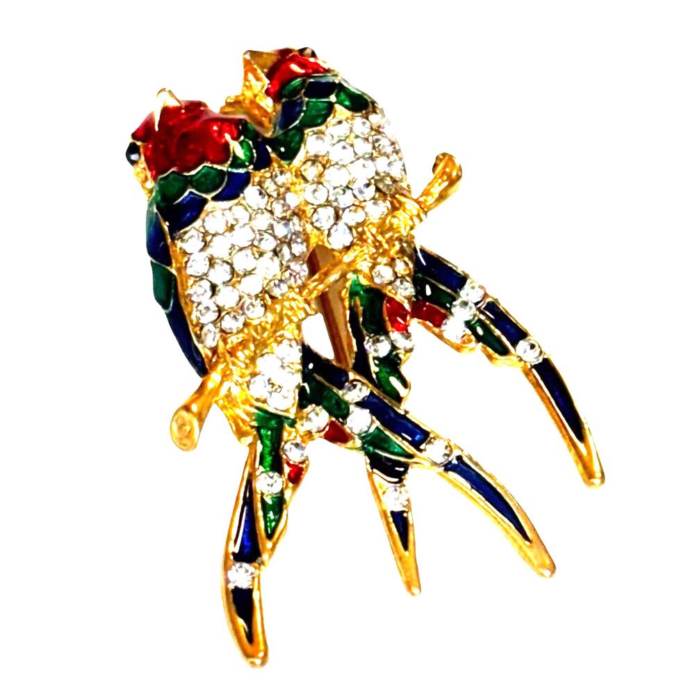 Y2K Statement Lovebirds Parrots brooch gold & colorful rhinestones enamel pin